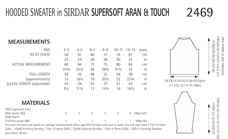 Sirdar Hooded Sweater in Supersoft Aran and Touch 2469P PDF DOWNLOAD