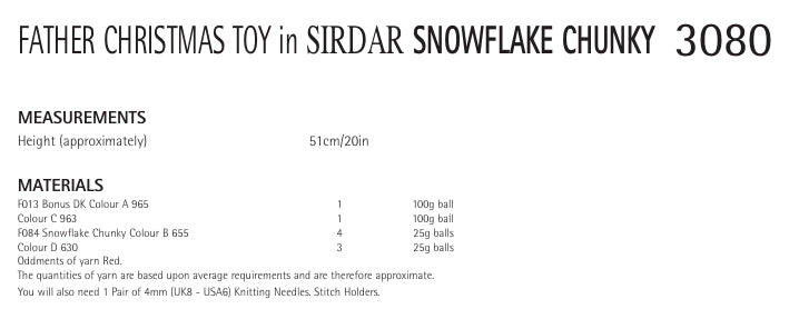 Sirdar Father Christmas Toy Knitting Pattern in Snowflake Chunky 3080P PDF DOWNLOAD