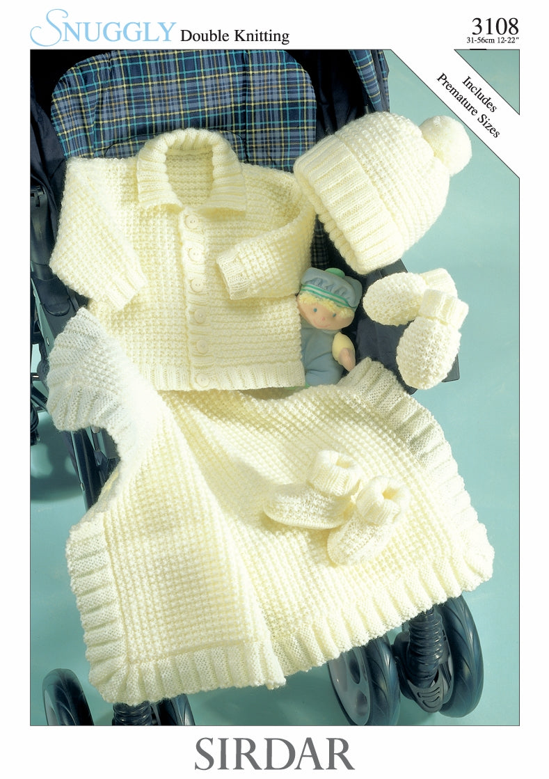 Sirdar Jacket, Hat, Mittens, Bootees and Blanket Knitting Pattern in Snuggly DK 3108P PDF DOWNLOAD