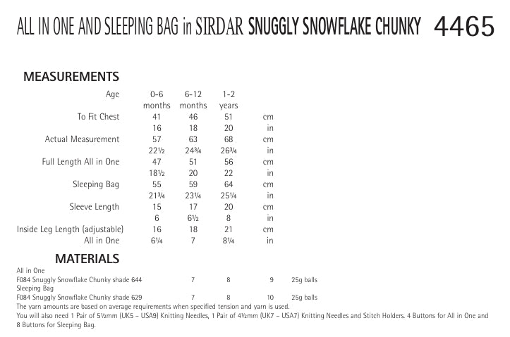 Sirdar All-in-One and Sleeping Bag Knitting Pattern in Snowflake Chunky 4465P PDF DOWNLOAD