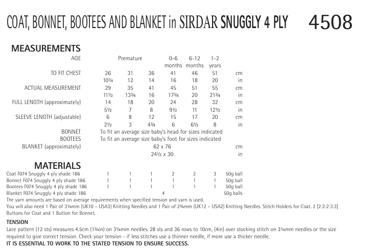 Sirdar Coat, Bonnet, Bootees and Blanket in Snuggly 4ply 4508P PDF DOWNLOAD
