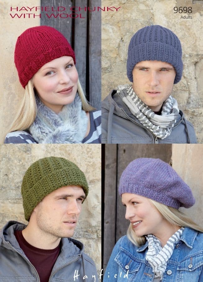 Hayfield Adults Hats Knitting Pattern in Chunky with Wool 9698P PDF DOWNLOAD