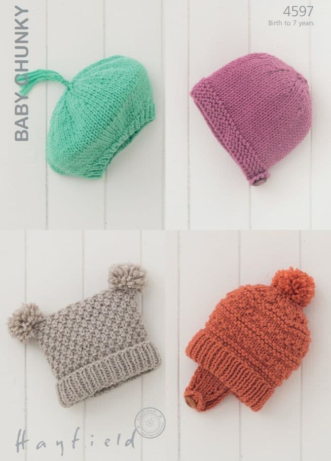 Hayfield Babies/Childrens Hats Knitting Pattern in Baby Chunky 4597P PDF DOWNLOAD
