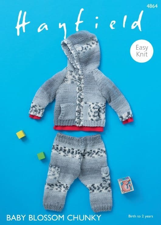 Hayfield Babies Hooded Jacket & Trousers Knitting Pattern in Blossom Chunky 4864P PDF DOWNLOAD