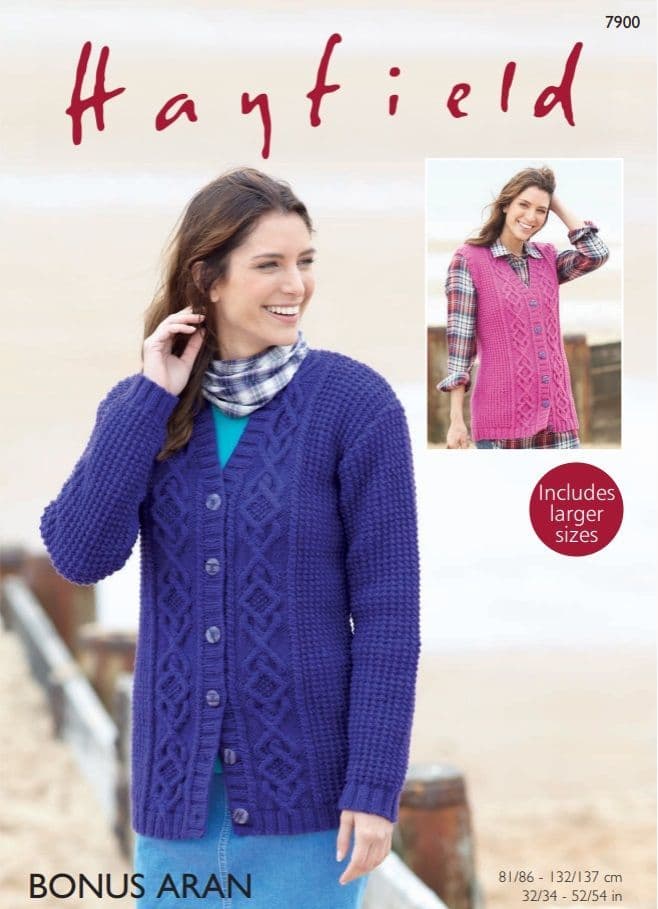 Hayfield Ladies Cardigan & Waistcoat Knitting Pattern in Bonus Aran 7900P PDF DOWNLOAD