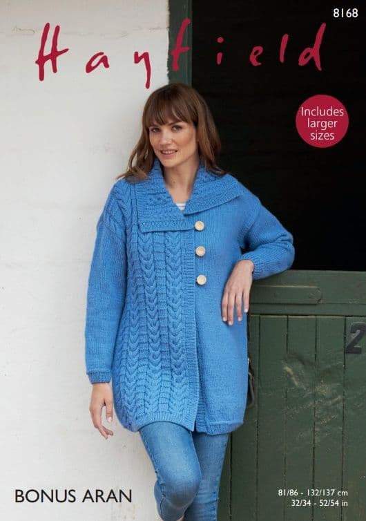 Hayfield Ladies Coat Knitting Pattern in Bonus Aran 8168P PDF DOWNLOAD
