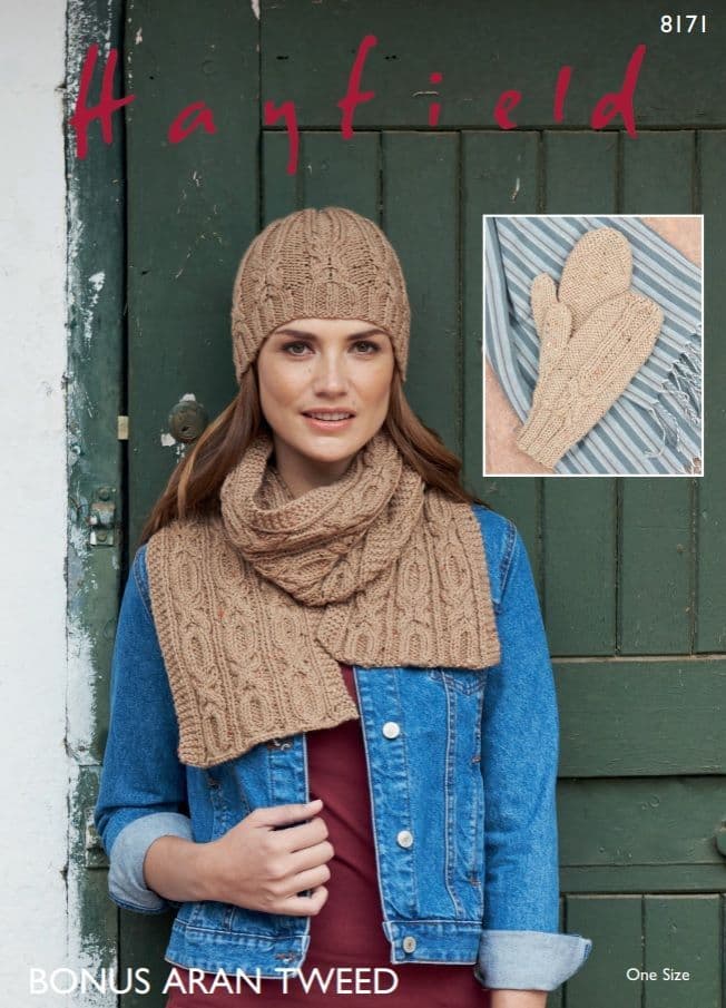 Hayfield Ladies Scarf, Hat & Mittens Knitting Pattern in Aran Tweed 8171P PDF DOWNLOAD