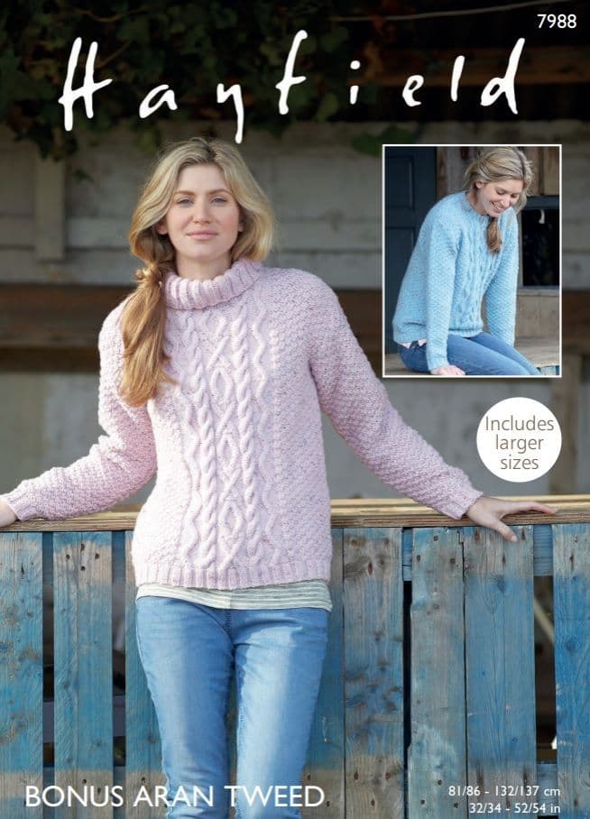 Hayfield Ladies Sweaters Knitting Pattern in Aran Tweed 7988P PDF DOWNLOAD