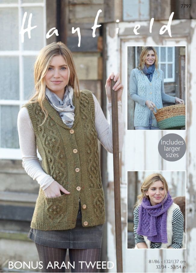 Hayfield Ladies Waistcoats Knitting Pattern in Bonus Aran Tweed 7797P PDF DOWNLOAD