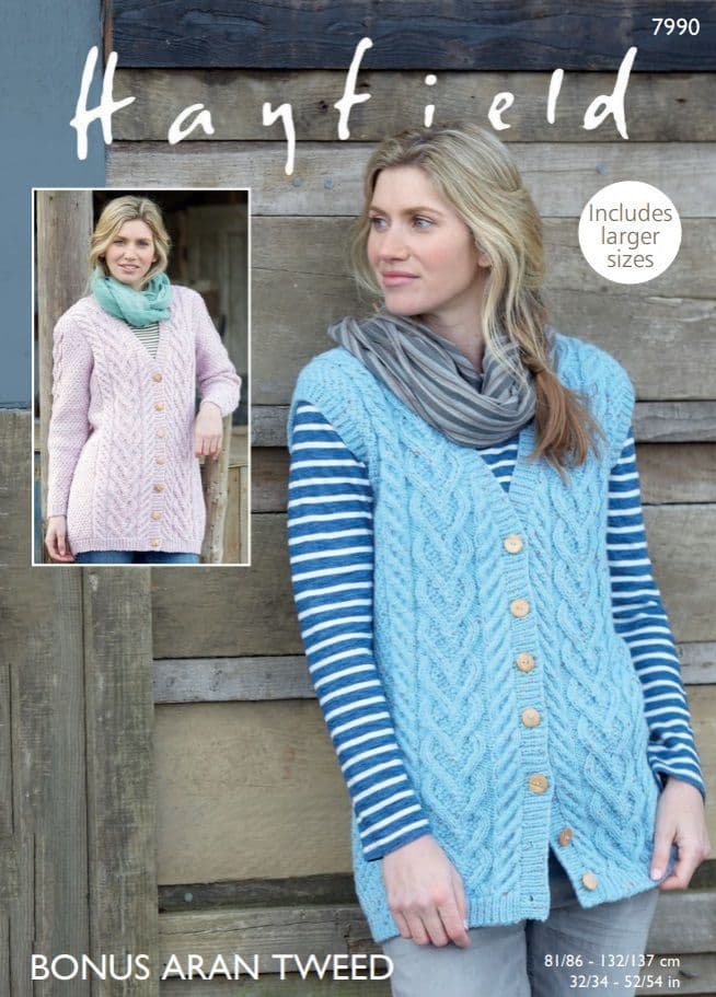 Hayfield Ladies Waistcoats Knitting Pattern in Bonus Aran Tweed 7990P PDF DOWNLOAD