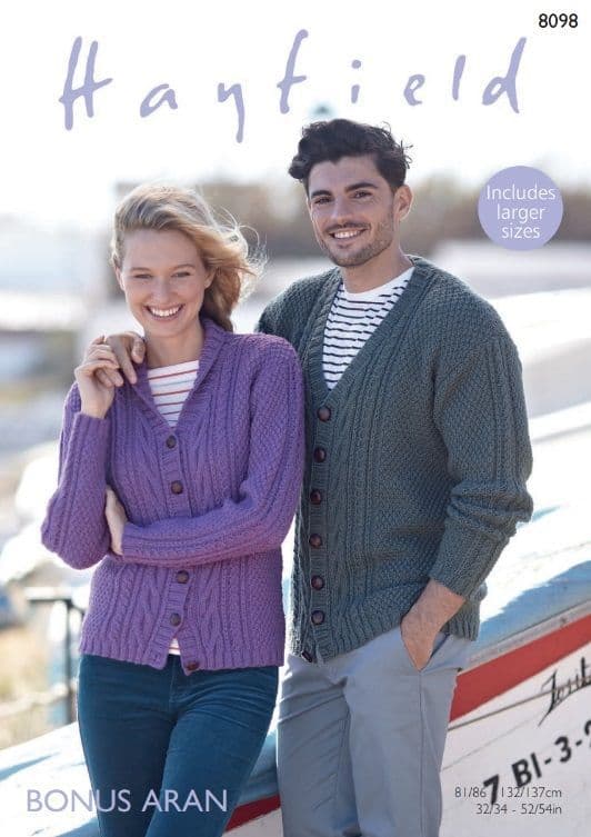 Hayfield Mens & Ladies Cardigans Knitting Pattern in Bonus Aran 8098P PDF DOWNLOAD
