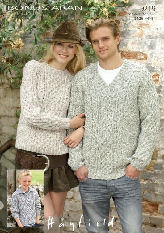Hayfield Mens & Ladies Sweaters Knitting Pattern in Bonus Aran 9219P PDF DOWNLOAD