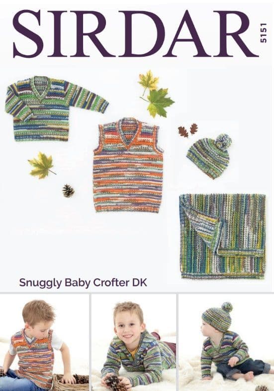Sirdar Babies/Boys Sweater, Tank, Hat & Blanket Knitting Pattern in Baby Crofter DK 5151P PDF DOWNLOAD