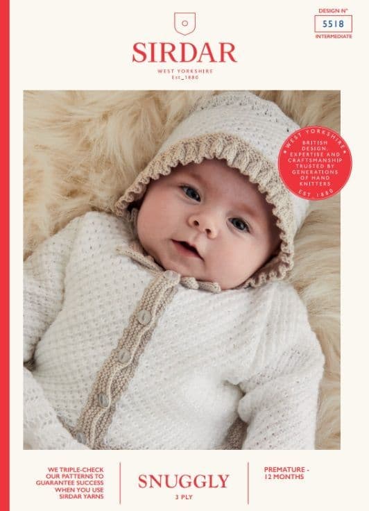Sirdar Babies Cardigan & Bonnet Knitting Pattern in Snuggly 3ply 5518P PDF DOWNLOAD